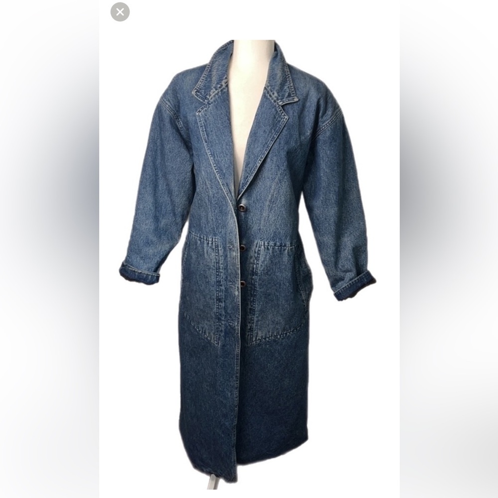 Vintage Nordstrom Blue Jean Jacket Denim Trench Tie Bow Back Cinch Coat Duster